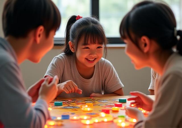 家族で楽しむボードゲームの様子